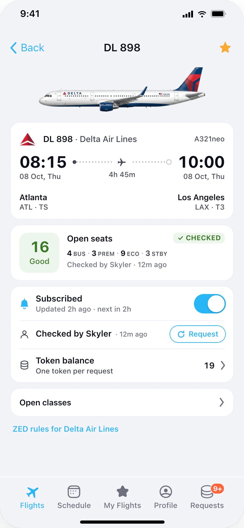 DL 898 checked by an agent: 16 open seats (Business 4, Premium 3, Economy 9) and 3 on standby