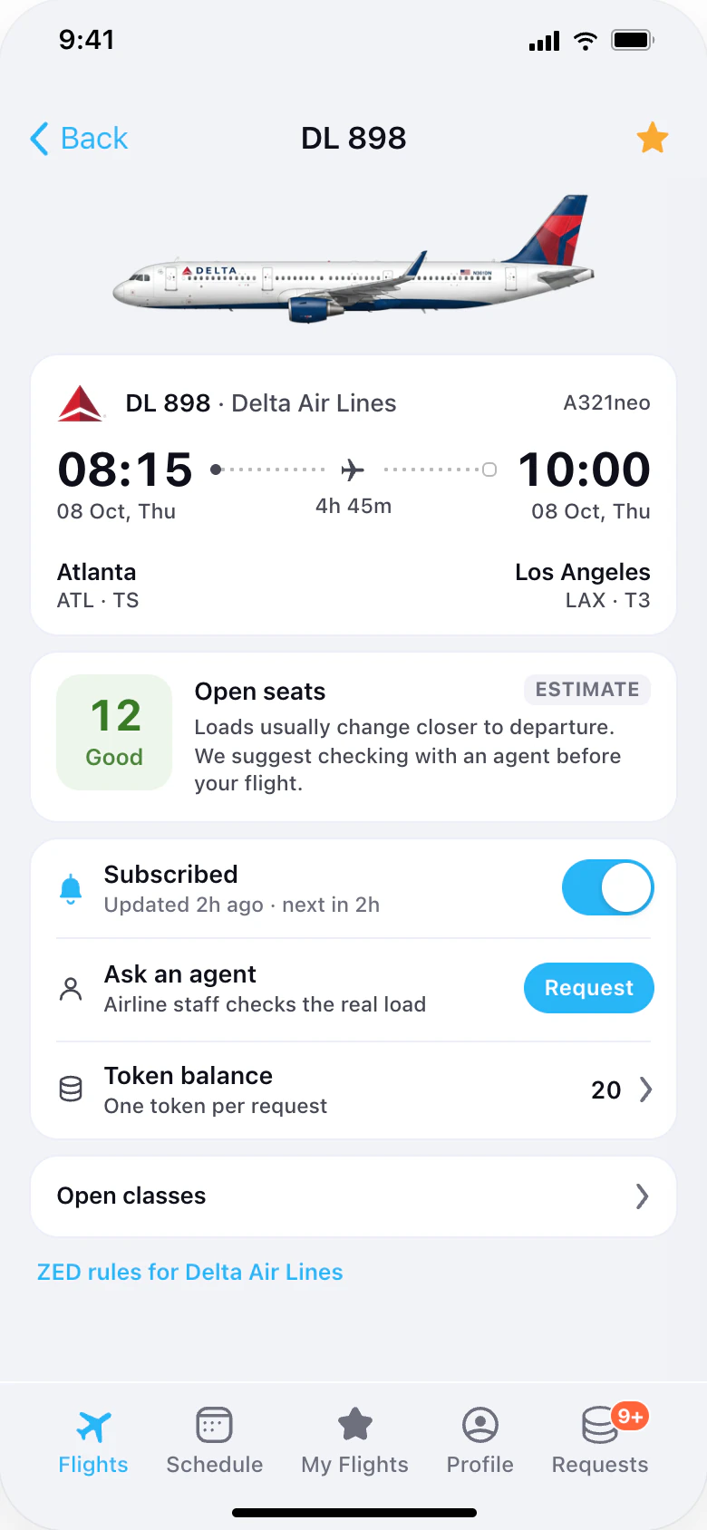 Flight details for DL 898, Atlanta to Los Angeles on an A321neo: 12 open seats, an estimate, with Ask an agent
