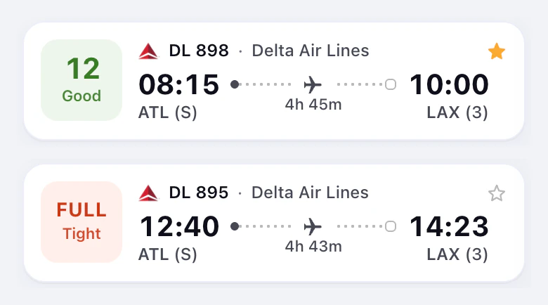DL 898 at 08:15 with 12 seats, Good, and DL 895 at 12:40, full