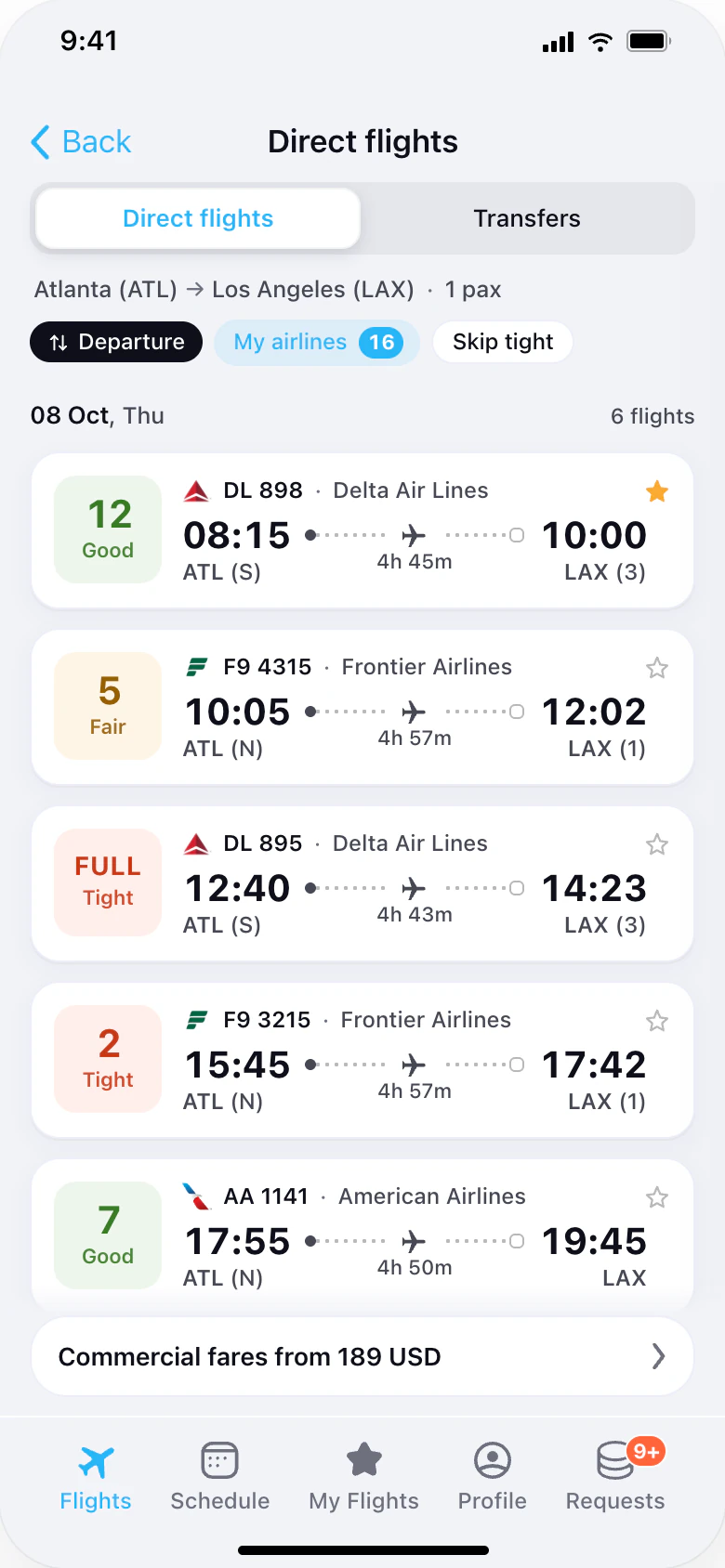 Search results from Atlanta to Los Angeles on 8 October: DL 898 with 12 seats, Good; F9 4315 with 5, Fair; DL 895 full