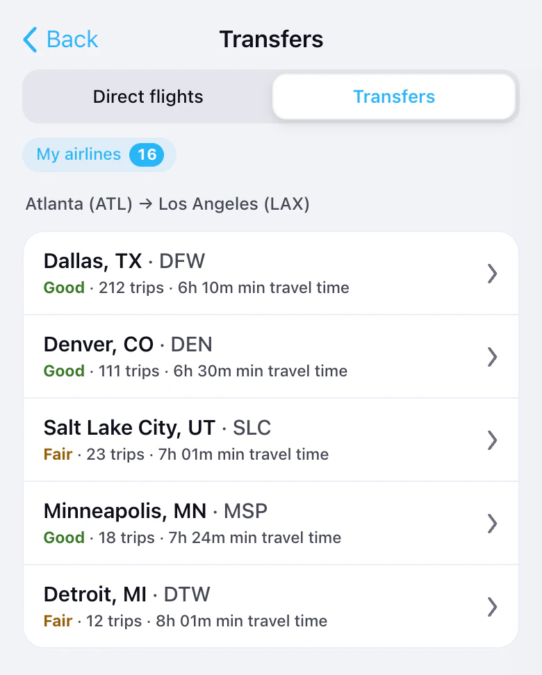 Transfers from Atlanta to Los Angeles: Dallas, Denver, Salt Lake City, Minneapolis and Detroit, with loads, trips and travel time