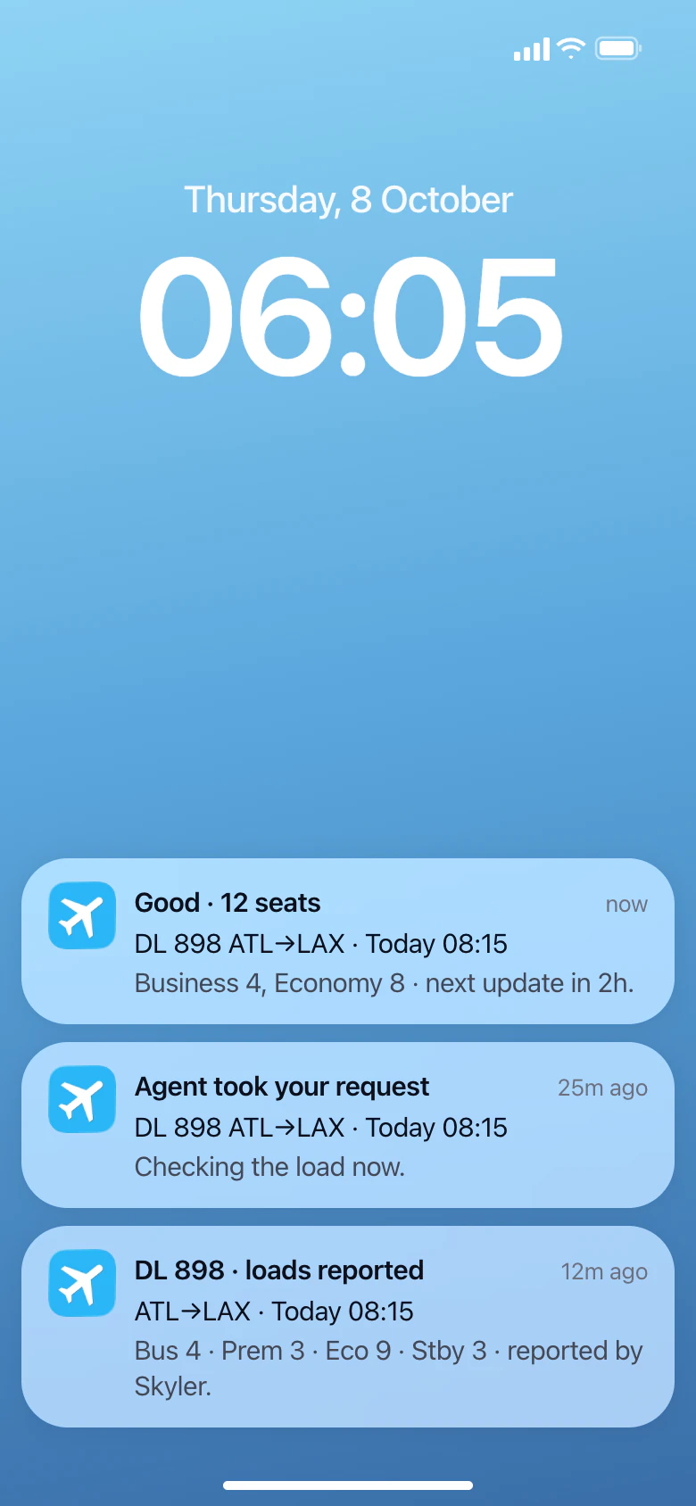 Lock screen notifications: 12 seats, Good on DL 898; an agent took your request; loads reported by the agent