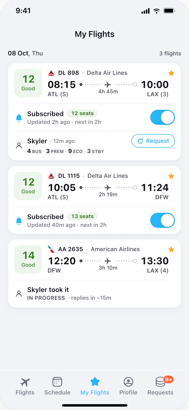 My Flights: three saved flights from Atlanta, each with 12 to 14 seats, Good, and an agent’s reply on DL 898