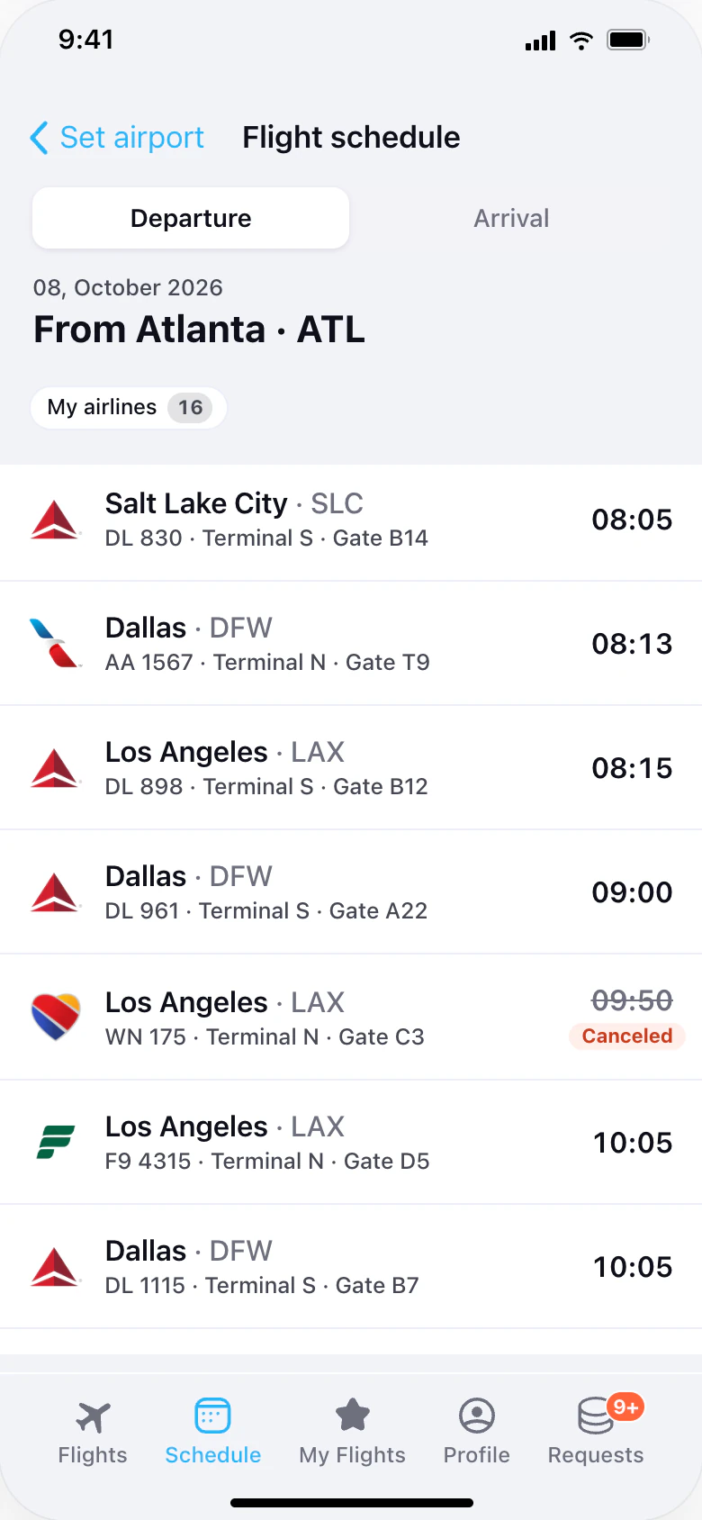 Departure schedule for Atlanta with gates and times, including a cancelled flight